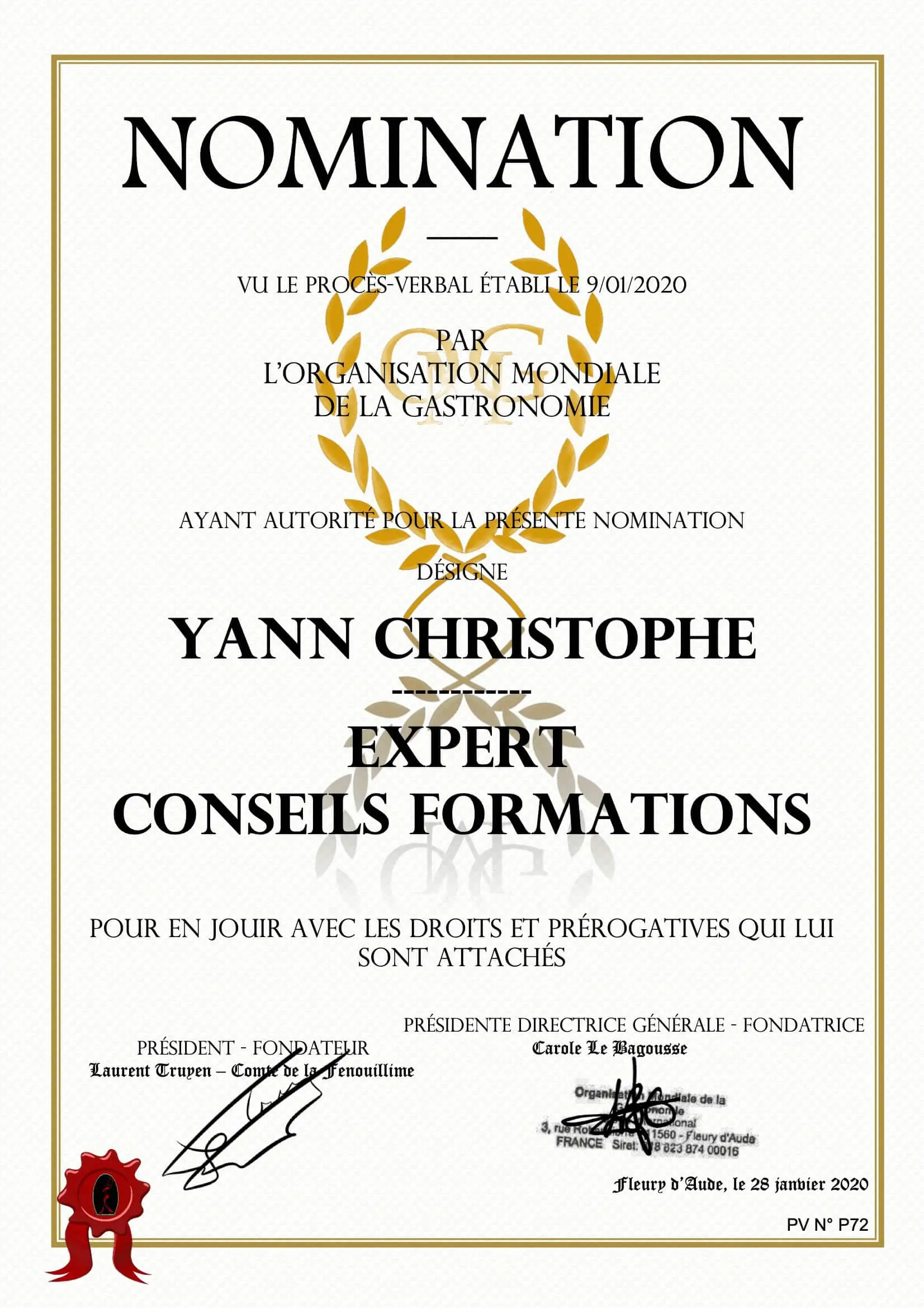 Expert Conseils Formations - Yann Christophe - Organisation Mondiale de la Gastronomie